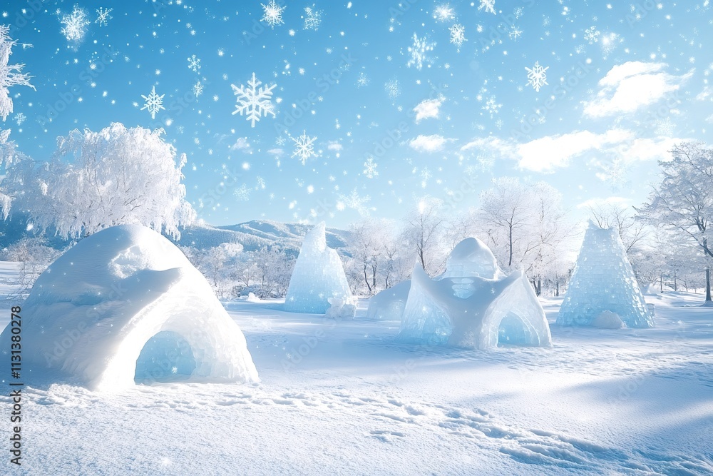 Poster snow is gently falling on a beautiful winter landscape, creating a magical wonderland with an igloo 