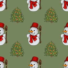 Seamless Pattern of Small Christmas Snowman and Christmas Tree on Green Background