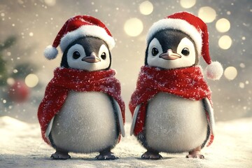 Fototapeta premium Two cute penguins wearing santa hats and red scarves stand on a snowy surface as gentle snowflakes fall around them, creating a heartwarming christmas scene