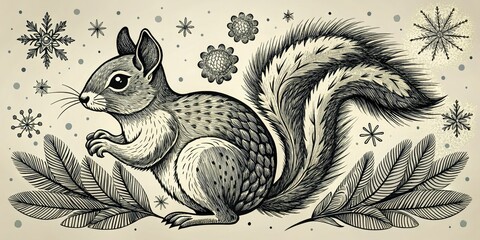 Fototapeta premium Charming hand-drawn squirrel illustration perfect for Christmas decor, featuring a retro black and white sketch style. Ideal for holiday-themed products and festive decorations.