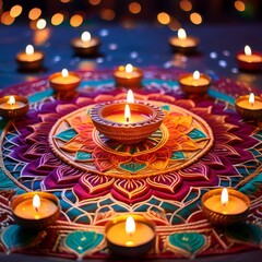 Generated image  Close-up of a beautifully designed rangoli with intricate patterns and vibrant colors