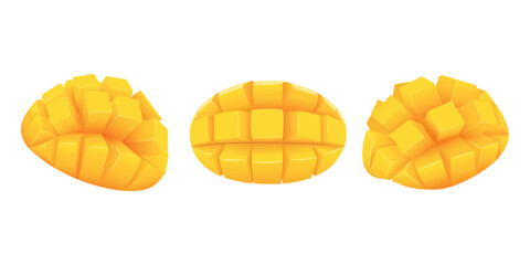 Set with cube sliced mango on skin. Diced mango on skin.