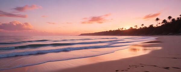 Obraz premium A serene beach scene at dawn with soft pink and orange hues lighting up the sky , beach, light, sunrise