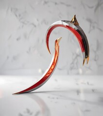 A shining sabre rests against a stark white background, its curved edge forming a perfect crescent shape , shine, shining sabre