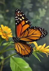 Obraz premium A single monarch butterfly landing delicately on a leaf, its proboscis extending as it sips nectar from the flower, nature, flying high, sunny sky
