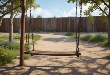 A single wooden swing creaks softly in the breeze, its chain stretched taut against a rusty metal loop, rust, loop