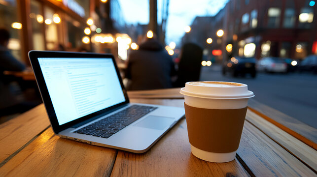 Cozy cafe setup with laptop and coffee cup.