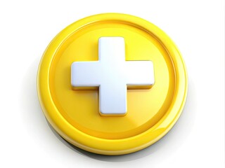 Obraz premium 3D Medical Cross Button Design - Yellow Plus Sign Icon for Healthcare and First Aid Illustrations, Drone Photography, Isolated on White Background with Clipping Path