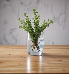 A sprig of thyme in a small glass vase filled with water sits on a simple wooden table against a white background, kitchenware, plantpot