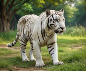 A stunning white tiger relaxes its muscles and takes a leisurely stroll through the grassy area at the Delhi Zoo, lazy animal, big cat, walking