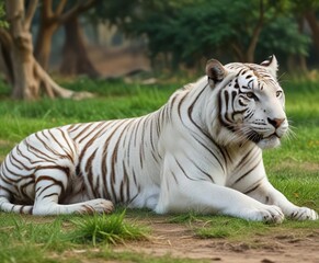 Obraz premium A stunning white tiger relaxes its muscles and takes a leisurely stroll through the grassy area at the Delhi Zoo, big cat, relaxing