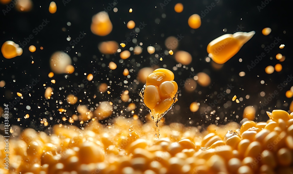 Poster golden corn kernels splashing in motion