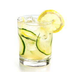 A refreshing gin fizz with lemon twist and cucumber slice, displayed on an isolated white...