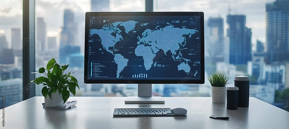 Poster a clean and modern workspace with a large monitor displaying a digital dashboard of business metrics