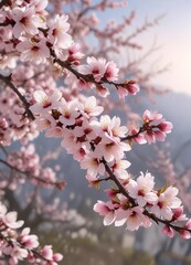 Fototapeta premium Almond blossom branches with delicate pink and white flowers in full bloom, flowering almond trees, branch flowers, light filtering through leaves