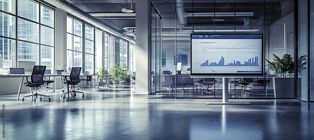 Poster a clean and modern workspace with a large monitor displaying a real-time business analytics dashboar