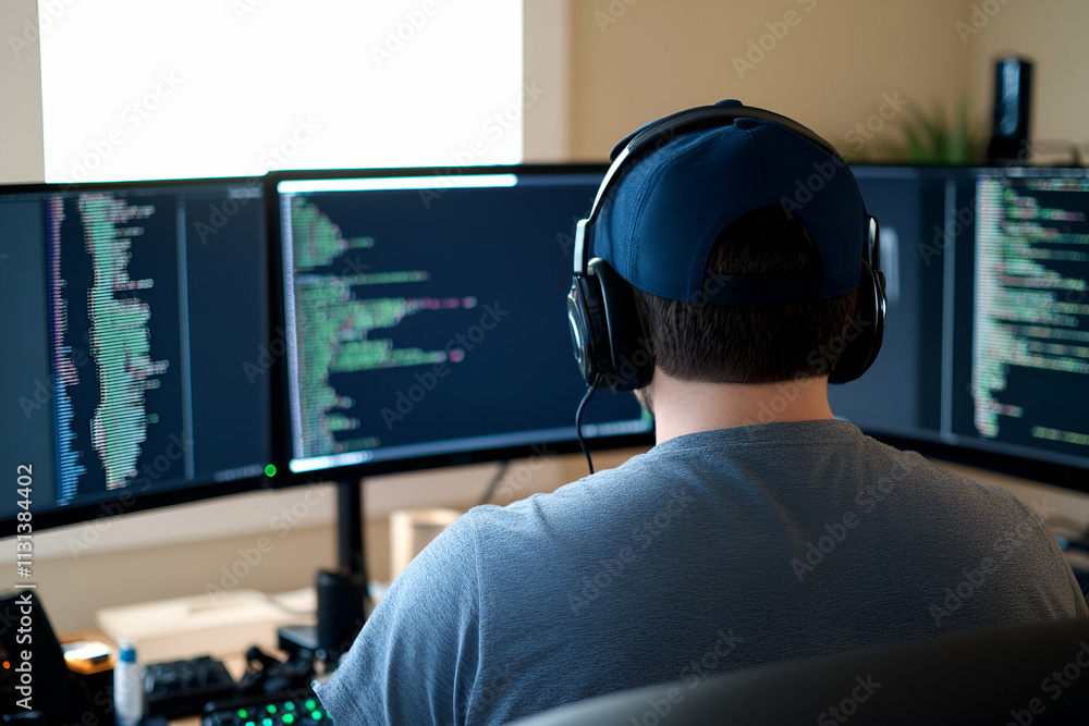 Poster person coding on multiple monitors with headphones.