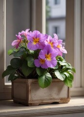 Beautiful African Violet Saintpaulia flower on a small window sill , home decor, decorative plant