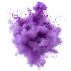 Fototapeta premium Vivid purple smoke powder explosion against a pure transparent background creating an artistic and dynamic visual effect, purple smoke powder explosion isolated on transparent background