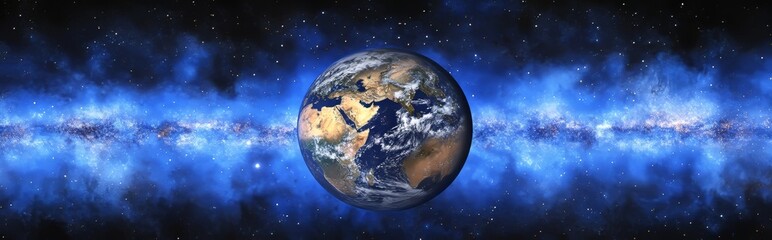 Obraz premium Panoramic View of Earth from Space with Blue Glowing Atmosphere
