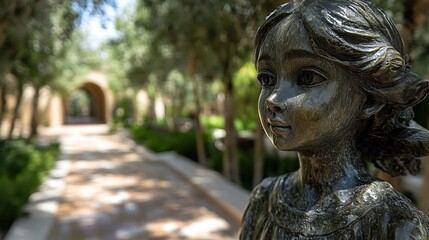 Fototapeta premium Bronze Statue of a Pensive Young Girl in a Garden Setting