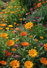 Fototapeta premium Calendula flowers in a garden amidst other wildflowers , field, yellow