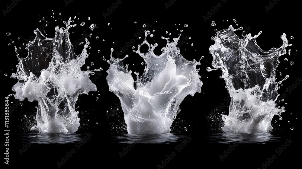Poster triple splash symphony: three dynamic water splashes against a stark black background, creating a vi