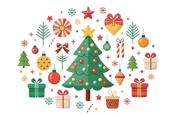 Naklejka premium Charming minimalist Christmas set featuring tree, ornament, and gift designs. Perfect for holiday decor, this collection offers festive illustrations on a white background.