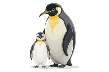 Obraz premium Charming minimalist illustration of an emperor penguin and its chick on a white backdrop, perfect for nature enthusiasts and children's room decor, radiating warmth and cuteness.