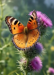 Obraz premium Delicate butterfly perches on the prickly thistle flower head, insect, flora