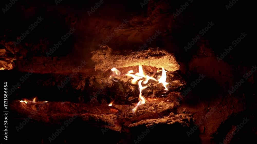 Poster close-up of burning logs in a dark setting, creating a warm and inviting ambiance. perfect for proje