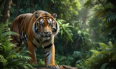 Obraz premium Dense foliage surrounds a majestic Sumatran tiger, brown, sumatra, jungle
