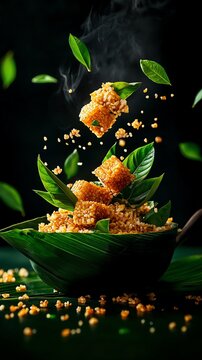 Filipino suman sa latik, glutinous rice topped with caramelized coconut syrup, served on a banana leaf, Southeast Asian dessert, rich and authentic