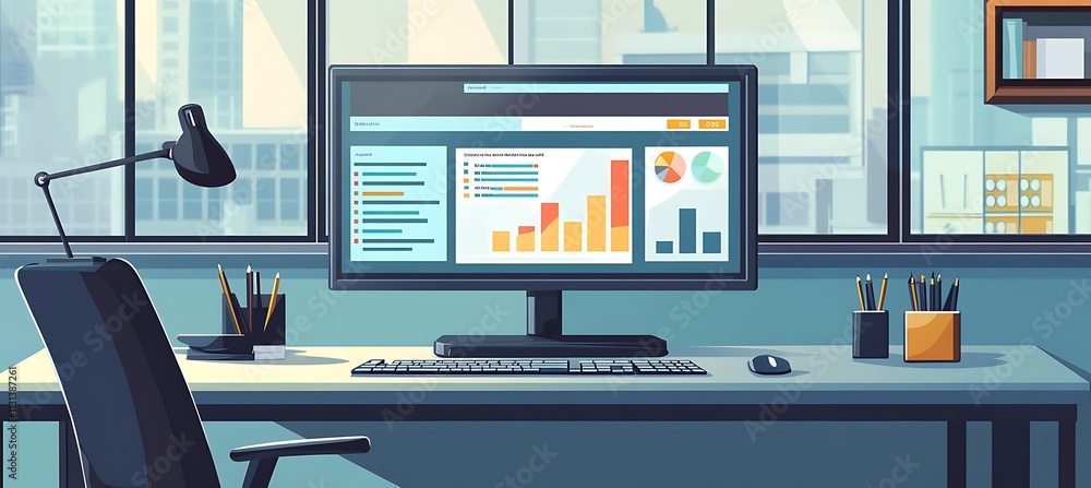 Poster a clean and modern workspace with a large monitor displaying global financial trends