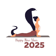 Happy woman training yoga on mat. Girl doing cobra asana. New Year yoga card 2025 with yoga and snake pose. Vector illustration isolated on white background