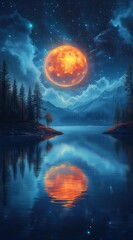 Fototapeta premium Enchanting nocturnal landscape featuring a fiery red moon reflecting on a serene lake, surrounded by tranquil pine trees and majestic mountains under a starlit sky.