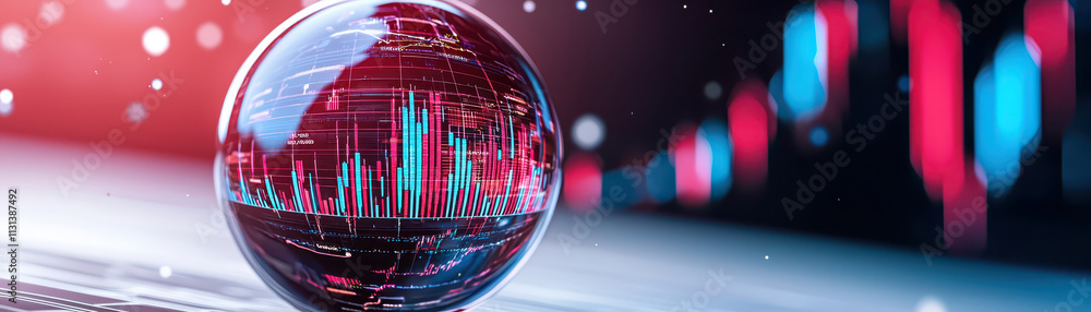 Poster futuristic crystal ball displaying financial data trends and graphs