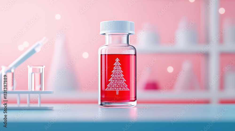 Poster vibrant beaker filled with red liquid features s tree design, creating festive atmosphere in laborat