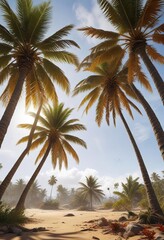 Obraz premium Leaves blown off palm trees by powerful gusts , tree foliage, tropical storm, storm debris