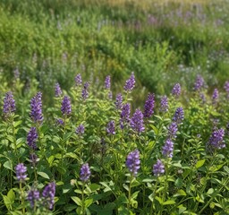 Medicago sativa field with isolated alfalfa plant and purple flowers, plant detail, botanical image, nature photography