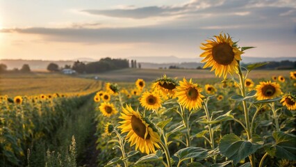 Blooming sunflowers in a field at sunset create an idyllic rural landscape, with warm golden light illuminating petals and leaves, evoking peace and tranquility