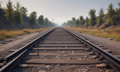 Obraz premium Old railway tracks disappear into the distance, old tracks, trees