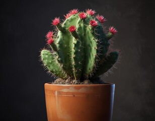 Prickly cactus in a terracotta pot on a dark background, home, garden