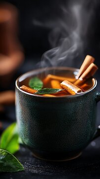 Indonesian wedang uwuh, spiced herbal tea with floating cinnamon and lemongrass, served in a ceramic cup, Southeast Asian beverage, warm and bold