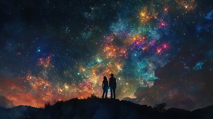 Fototapeta premium A silhouette of a couple watching fireworks from a hilltop, with the sky illuminated in bursts of color reflecting joy and celebration