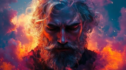 Fiery Portrait of a Pensive Elderly Man with Long White Hair and Beard.