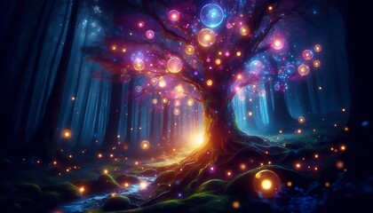 vibrant glowing orbs gently floating around mystical tree illuminated by radiant ethereal light in dark forest