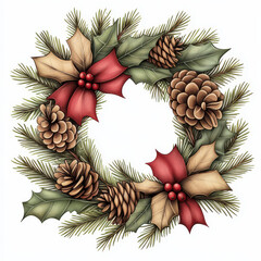 Fototapeta premium Beautiful holiday wreath with pinecones, holly, and red bows. Perfect for festive decor