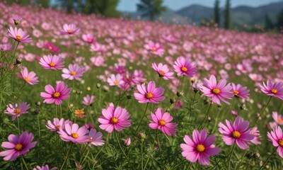 Fototapeta premium A field of pink Cosmos flowers swaying gently in the breeze , blooming, gentle, morning