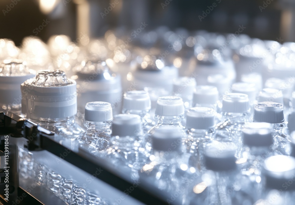 Aufkleber a close-up view of water bottles placed on a shelf in a modern retail environment with soft lighting
